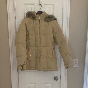 Women’s Beige Puffer Coat with Faux Fur Trim